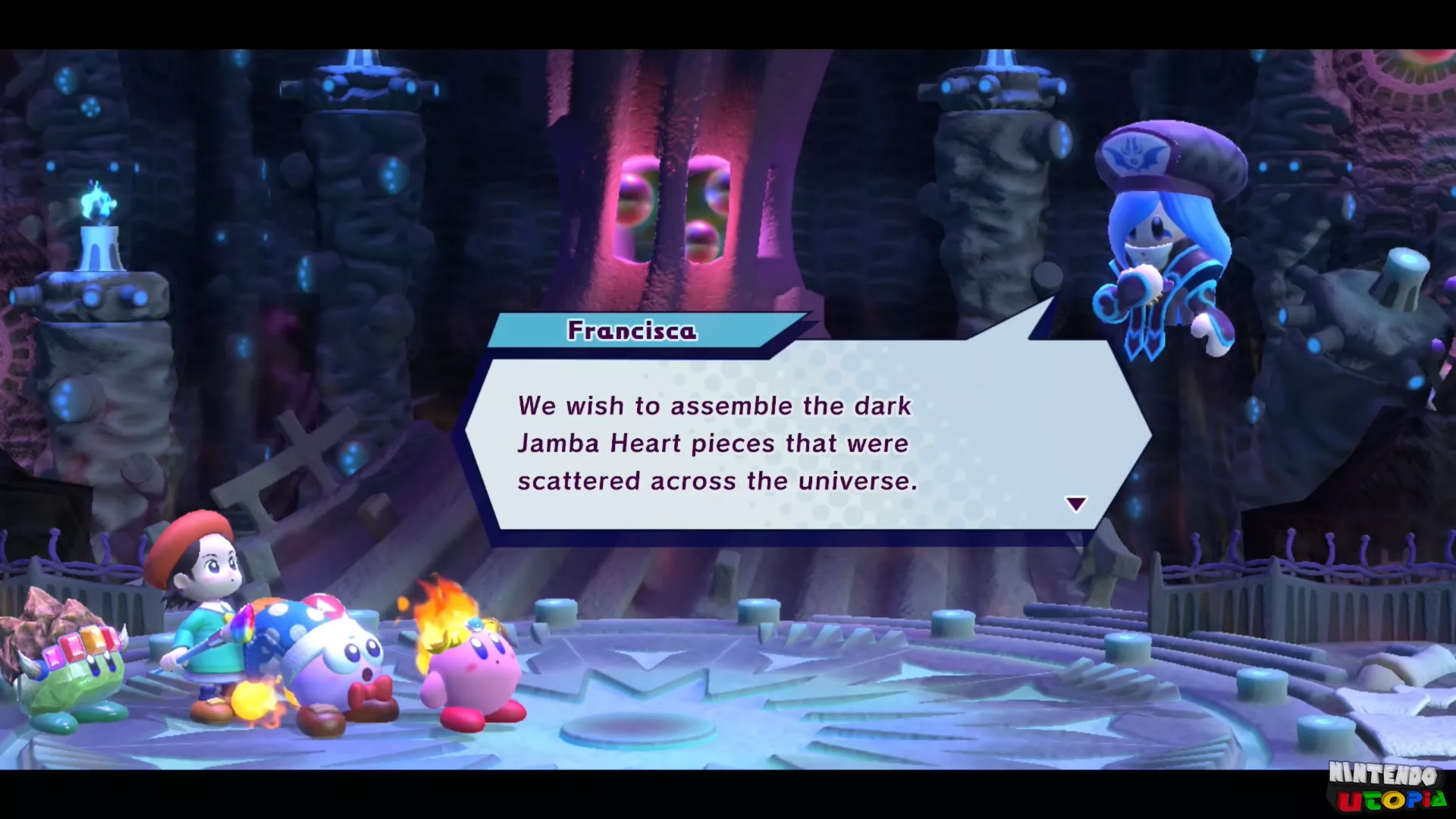 Francisca text box that reads: We wish to assemble the dark Jamba Heart pieces that were scattered across the universe.