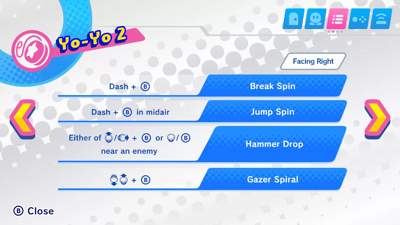 A menu that shows the different moves of the Yo-yo ability, and the button combinations to use them.