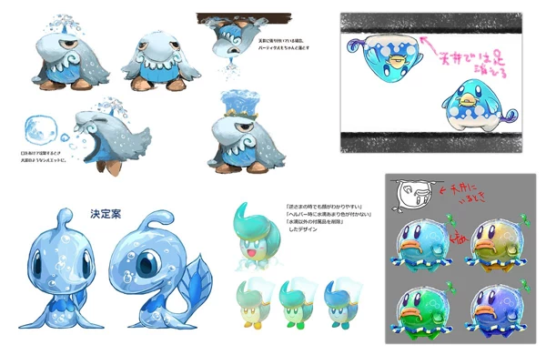 Concept art of Driblee showing different designs for the character.