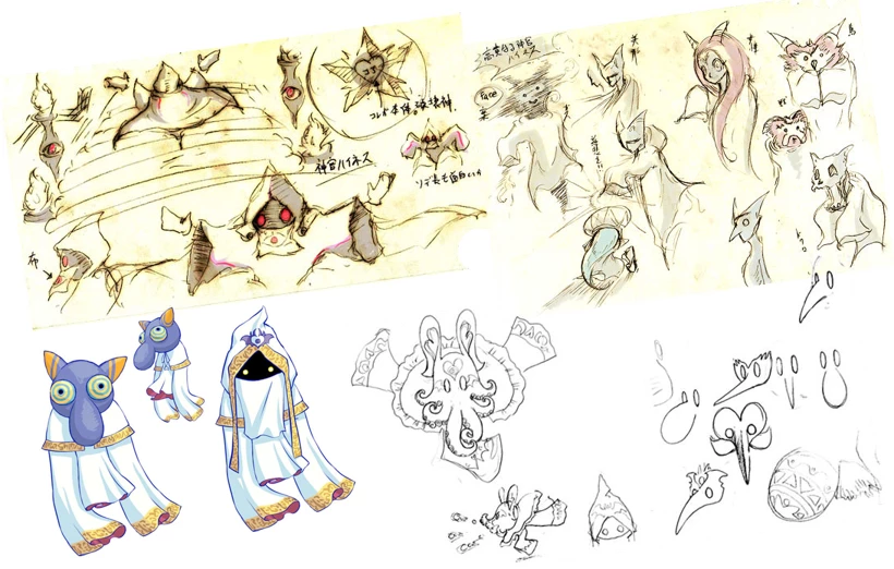 Concept art of Hyness showing different designs for the character.