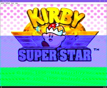 A screenshot of Kirby Super Star running in bsnes. the bottom two thirds of the screen are blue and green.