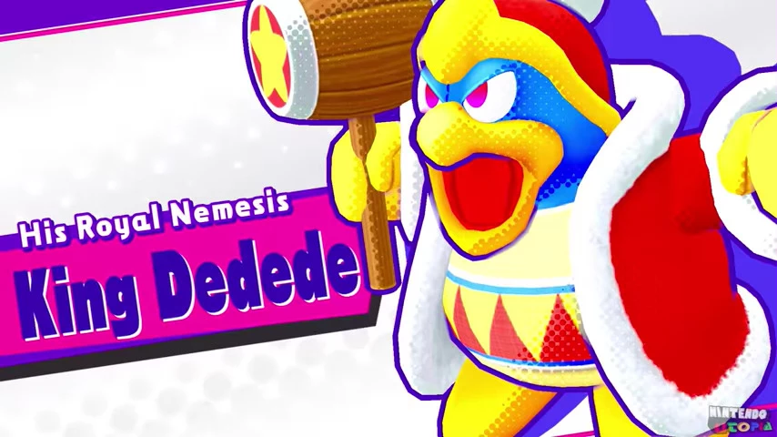 A screen with a nametag on the left that reads His Royal Nemesis: King Dedede, and an image on the right of King Dedede shouting; he is cell shaded with halftones, has a bold dark purple outline around him, and a purple drop shadow.