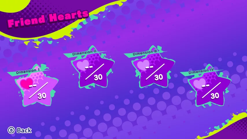 The friend hearts menu. The only non-solid color is the indigo to purple gradient in the background. Most of the menu elements have a halftone. Most of the colors are shades of purple and green.