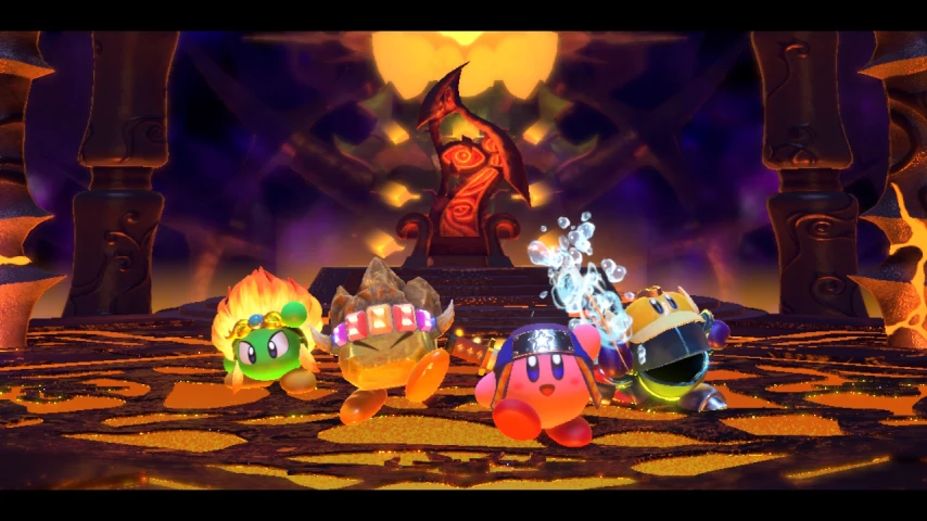 Kirby and friends posing. The HUD is not displayed because this is a cutscene. The lighting is fairly realistic.
