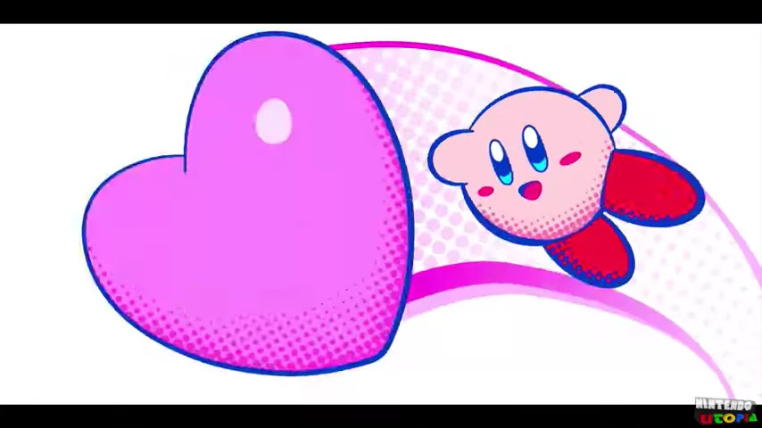 A scene from the opening. Kirby is throwing a heart. The heart has a trail showing its arc. Every object has cell-shading in halftones and bold dark blue outlines.