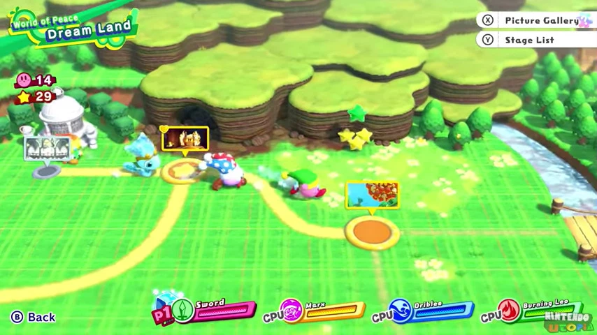 The world map. Kirby is not bound by the paths leading to each level; he can walk around freely.