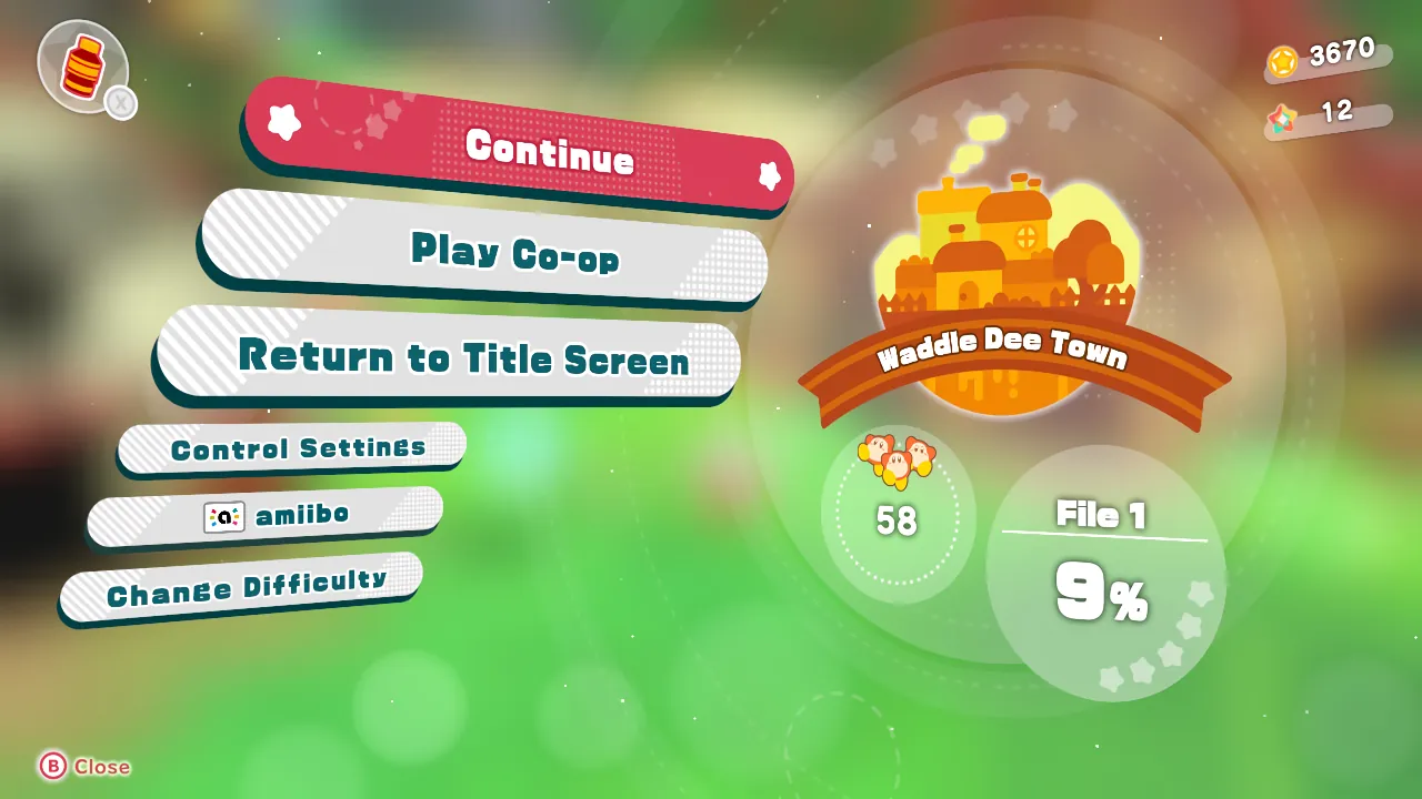 Screenshot of Kirby and the Forgotten Land. It's the pause menu. On the right is text that states the current in-game location: Waddle Dee Town, and a circular illustration of the town. There are no paint-like textures in this menu.