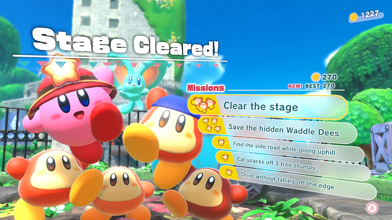 The Stage Cleared screen of Kirby and the Forgotten Land. To the left of the text stating the missions cleared in this stage, Kirby and his friends are jumping happily.
