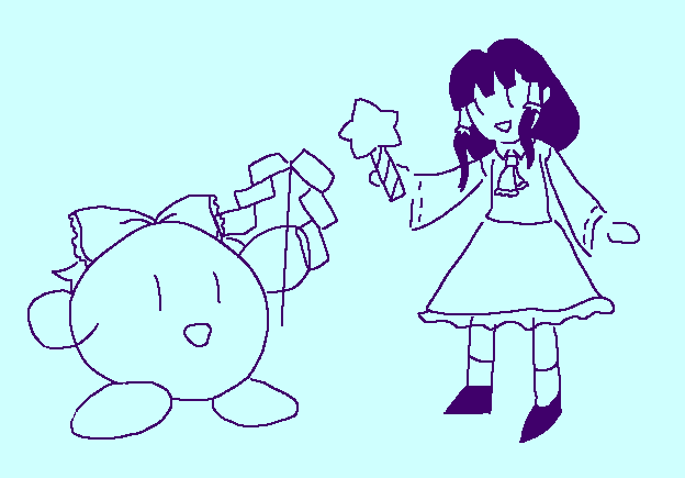 Kirby and Reimu. Kirby is wearing Reimu's ribbon and holding her gohei. Reimu is holding the star rod.