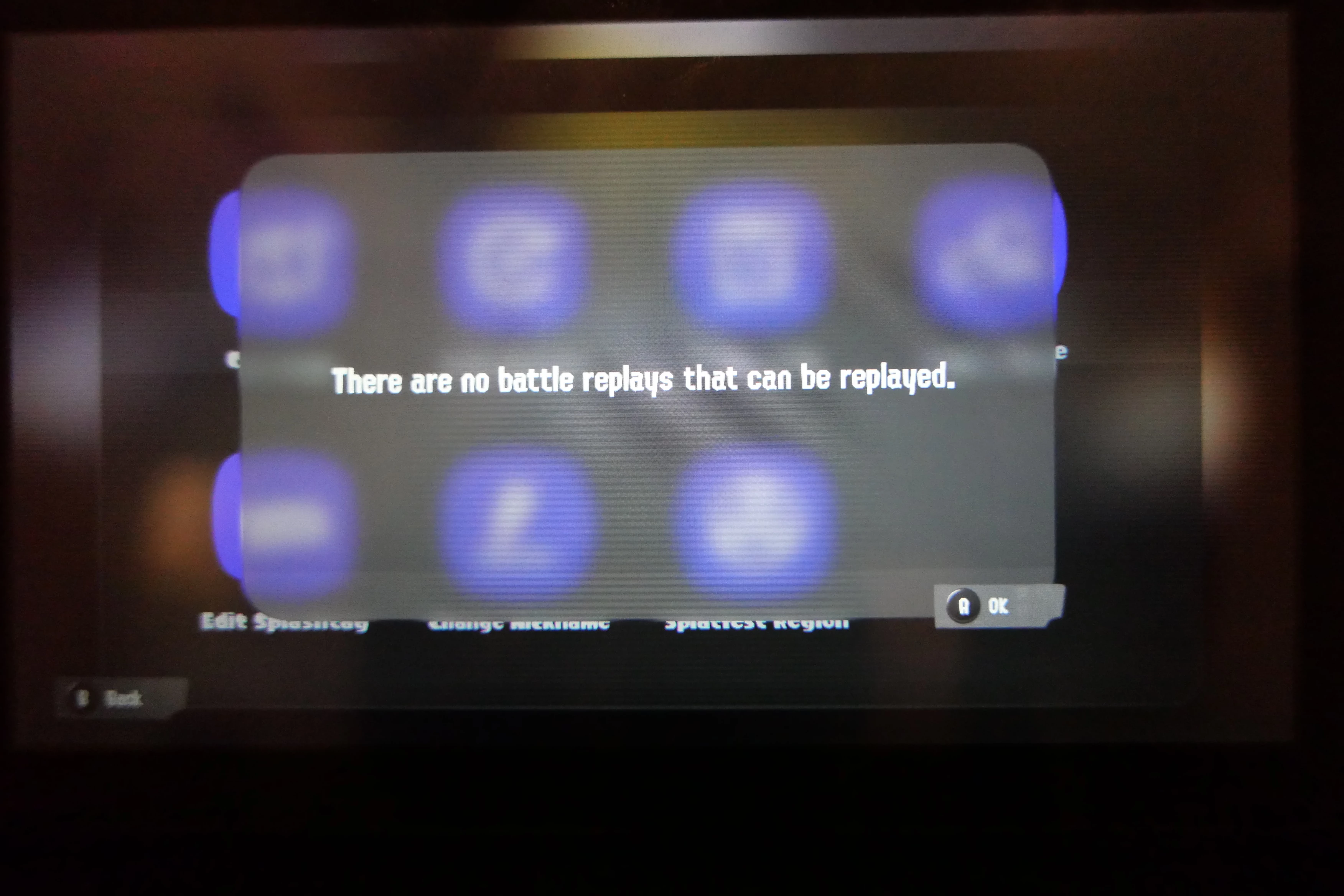 Photo of a Switch screen displaying the message There are no battle replays that can be replayed.