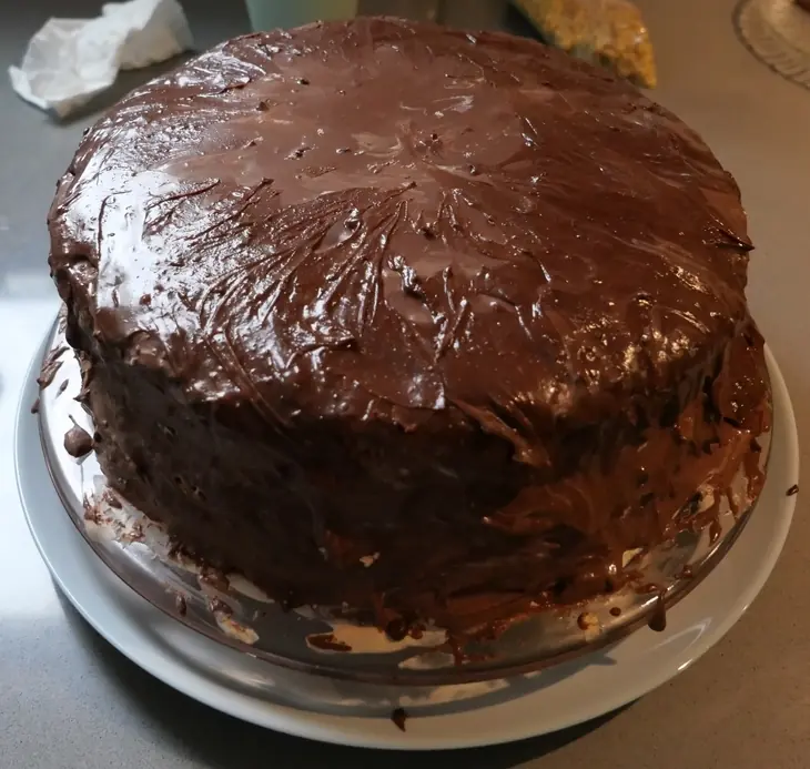 A two-layer cake coated in ganache.