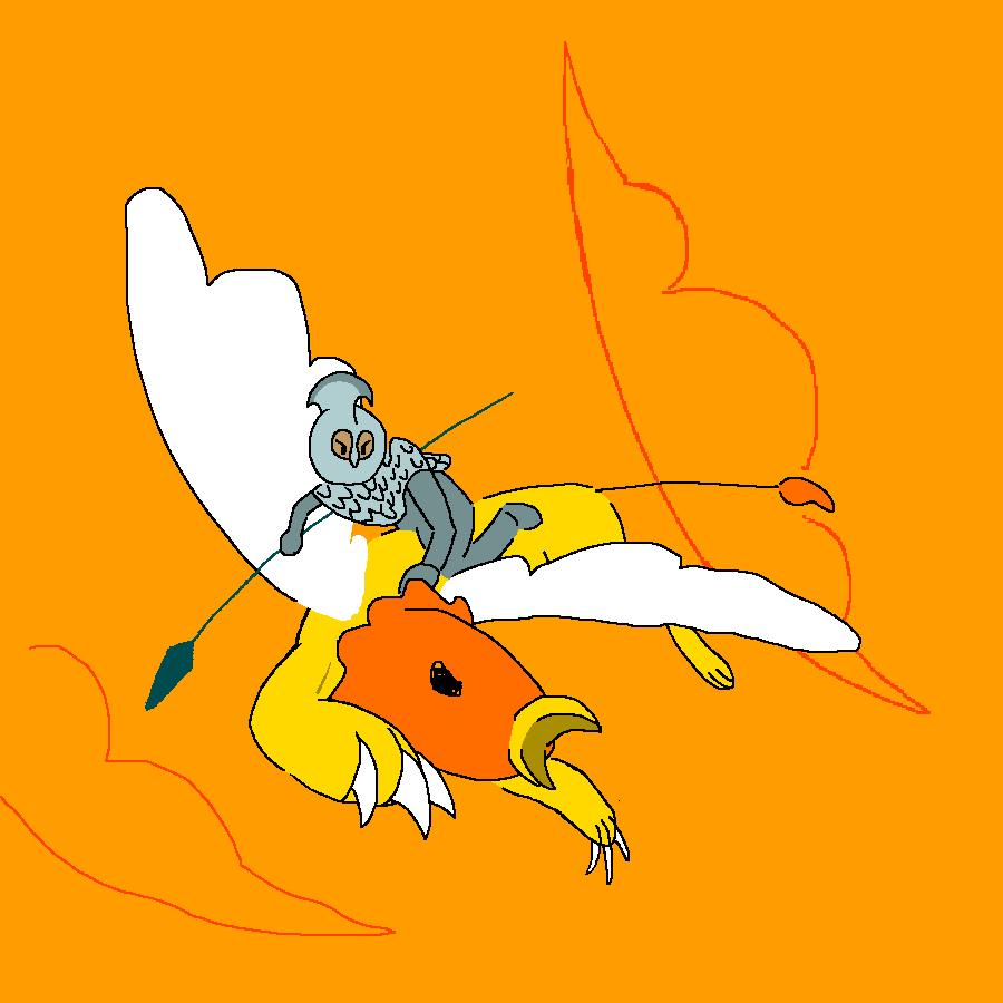 Illustration of a soldier riding a griffon through an orange sky.
