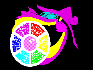 The witch Drawcia holding her realm as a color wheel.
