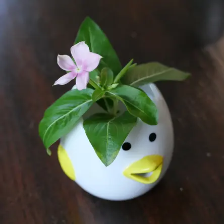 A Porcelein chicken that looks like an egg with a cracked hole in the top; a small pink flower has been placed in the chicken.